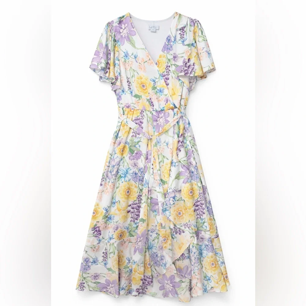 Nicole Miller Girls' Floral Wrap Dress in Yellow, Lavender & White